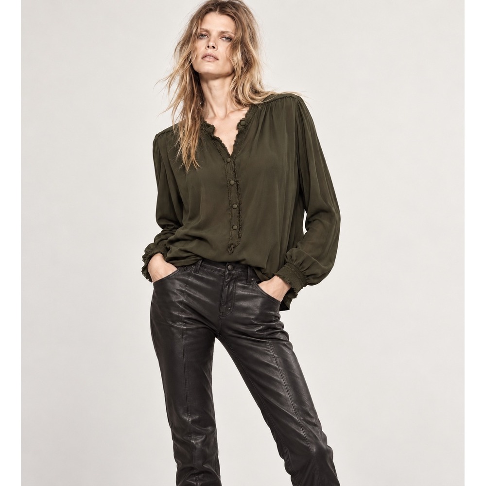 Zadig & Voltaire Tinoy Olive Green Frayed Blouse XS